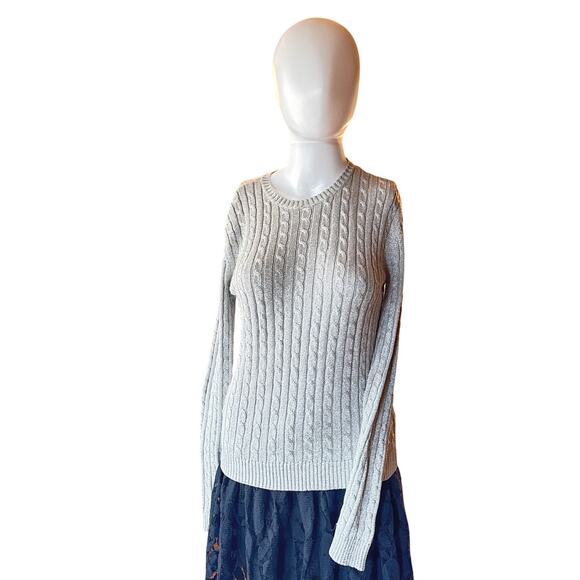 Lauren Ralph Lauren Metallic Cable Knit Sweater Women’s Medium Silver Silk Blend - Picture 1 of 7